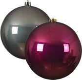 Kerstversieringen set van 6x grote kunststof kerstballen antraciet en raspberry 14 cm glans - 3x per kleur