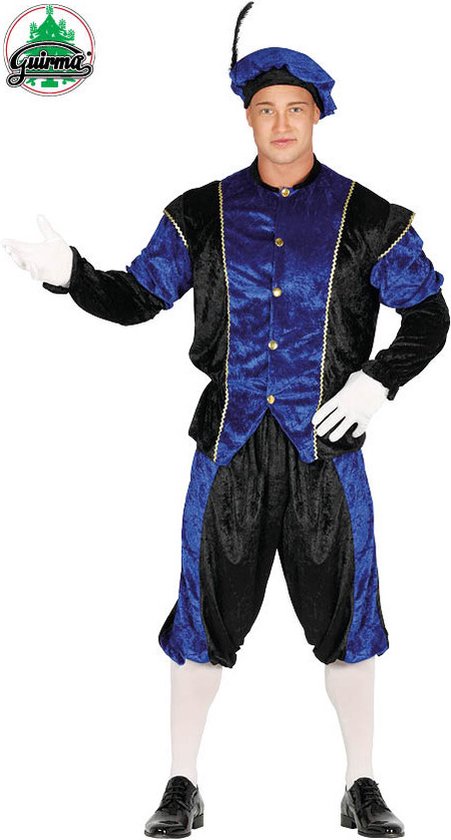 Man in zwart met blauw pietenpak met goudkleurige bies en baret met veer. Maat 48-50.