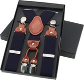 Luxe chique - heren bretels - donkerblauw effen - bruin leer - 4 stevige clips