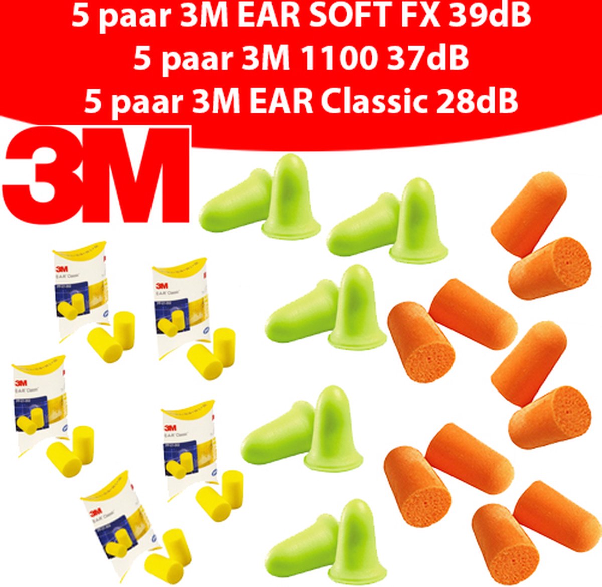 Goedkoopste 3M slaapassorti 15 paar oordoppen 3M 1100 - EarSoftFX - EarClassic - slapen
