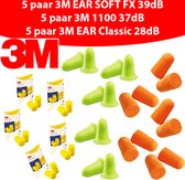 3M Assorti 15 paar - Slaapoordopjes - 3M 1100 - 3M Ear Soft FX - 3M Ear Classic - De beste oordopjes om mee te slapen - oordopjes snurken - oordopjes studeren - oordopjes reizen. - Maat: One size