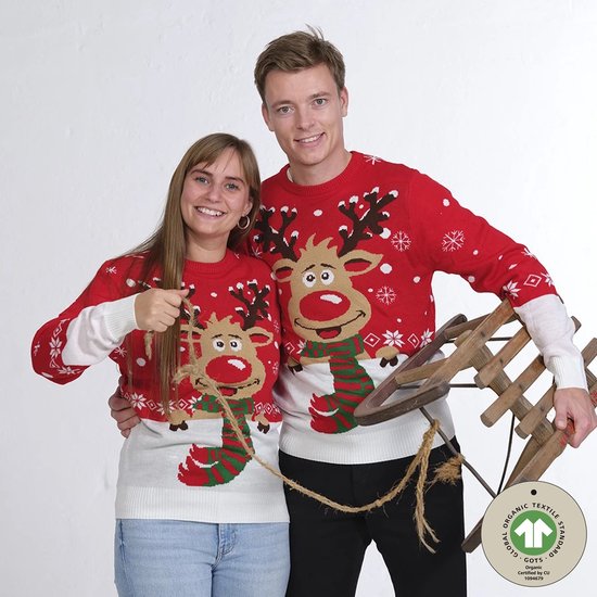 Pull de Noël laid femmes et hommes - Pull de Noël "Rudolf avec écharpe" - 100% Katoen biologique - Pull de Noël hommes et femmes taille L