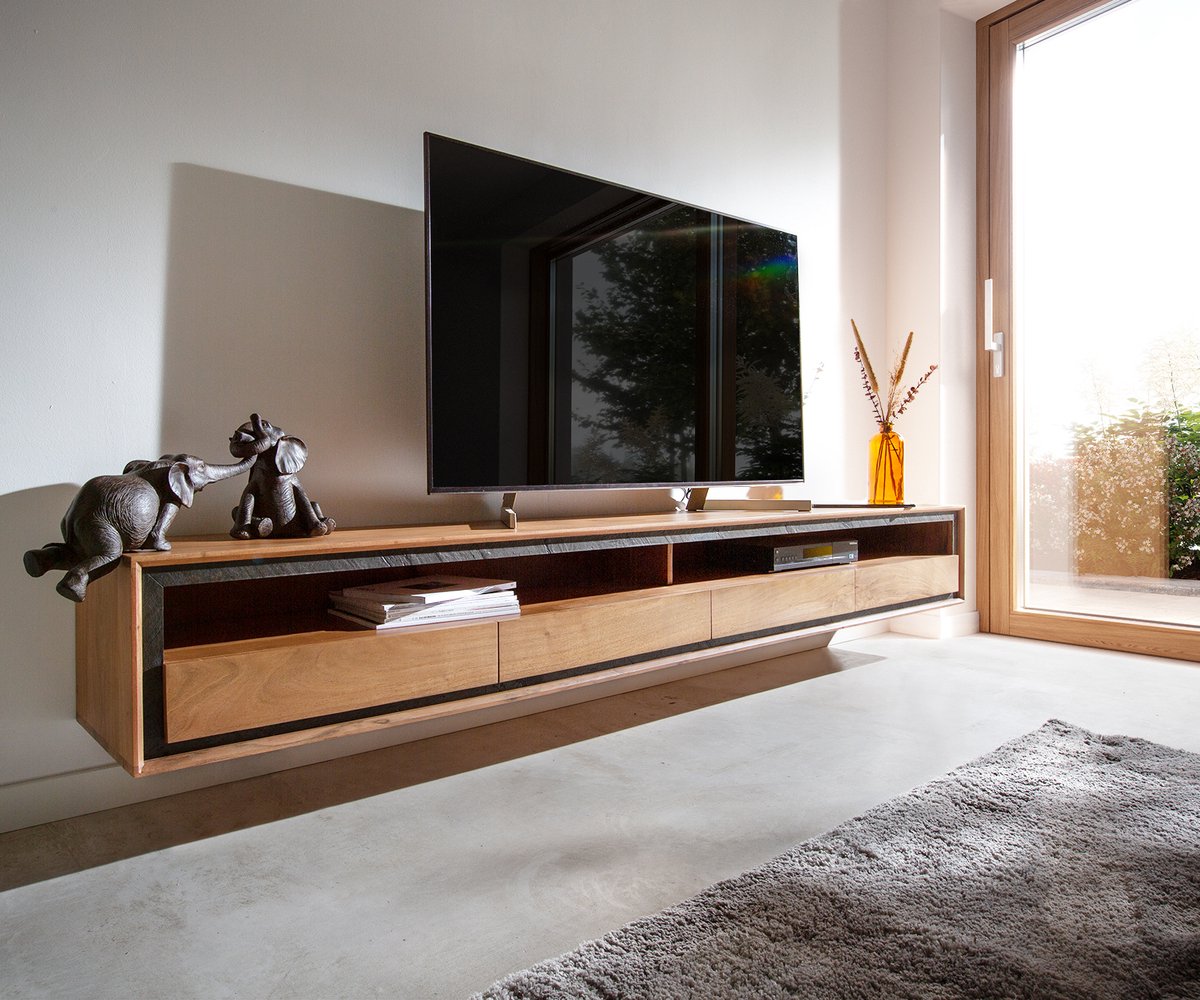 DELIFE Tv-meubel Stonegrace acacia natuur 240 cm 2 vakken 4 laden steenfineer zwevend lowboard Bruin