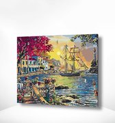 Painting Expert® Schilderen op nummer Volwassenen - Schilderen op nummer Kinderen - Schip bij Stadje in de Zee - 40x50cm - Exclusief Lijst (24 kleurtjes)