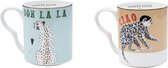 Yvonne Ellen set van twee bone china porseleinen mokjes 'Ooh la la Cheeta' en 'Ciao aapje'