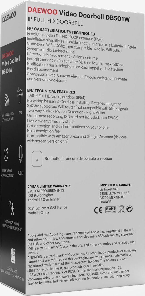 INTERPHONE CONNECTÉ ( DOORBELL ) WIFI DAEWOO DB501W