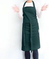 Duurzame lange linnen schort voor dames en heren/ one size effen groene keukenschort met twee zakken/ stevige schort met tailleband