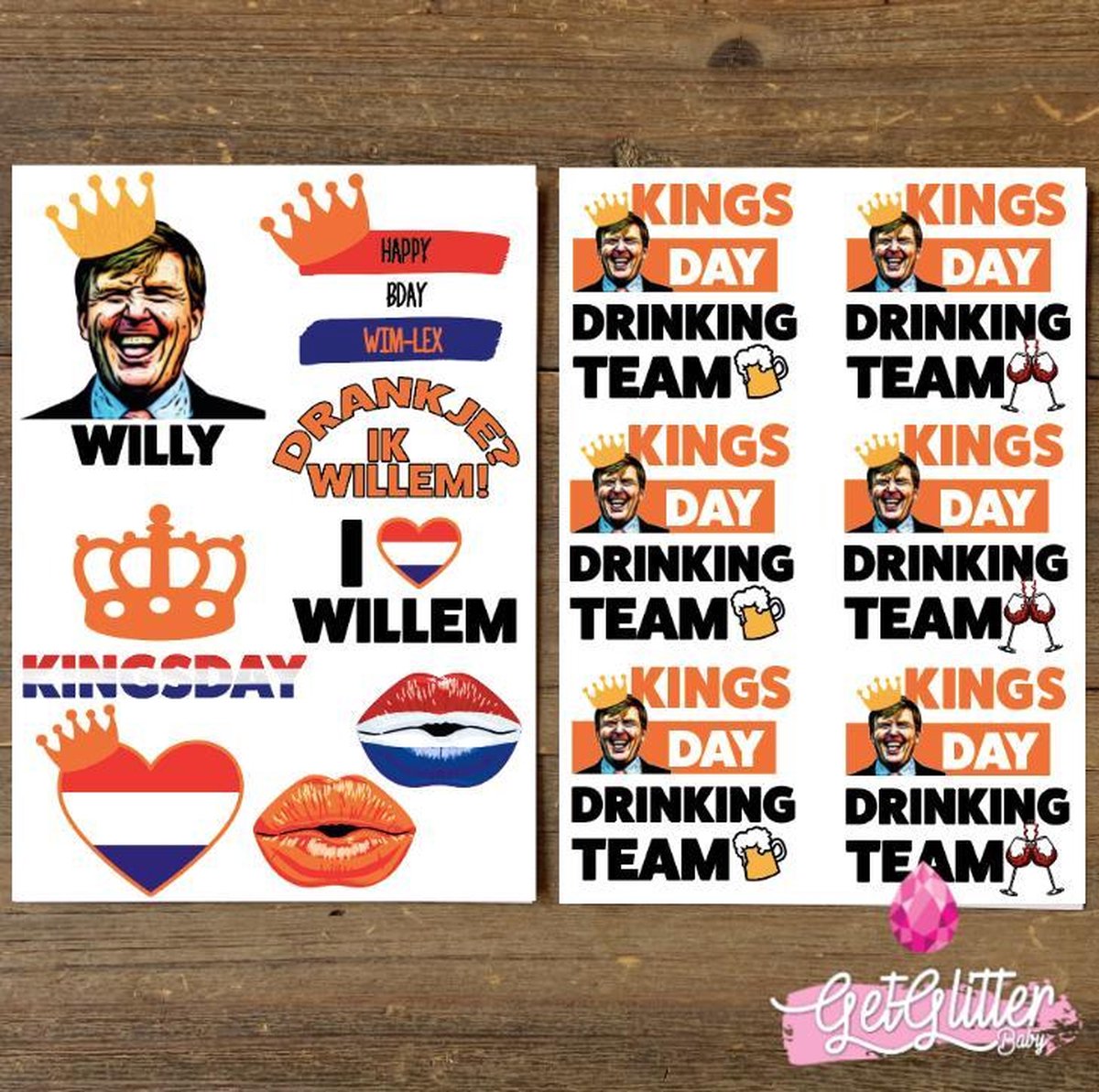 GetGlitterBaby® - Koningsdag Plak Tattoos / Tijdelijke Tattoo / Nep Tatoeage - Oranje Smink Versiering - Koningsdag / Kingsday Drinking Team