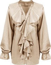 Satijnen Blouse met V-hals - Blouse met Volanten - Trompetmouwen - Beige