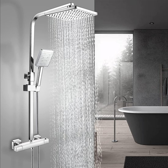 GAOZHI Regendouche, douchekop, 23 x 23 cm, regendouche zonder armatuur, complete set, regendouche, douchesysteem met 3 functies, handdouche, verstelbare douchestang 90-120 cm, chroom