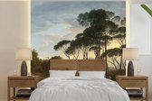 Behang - Fotobehang Italiaans landschap met parasoldennen - Schilderij van Hendrik Voogd - Breedte 240 cm x hoogte 240 cm