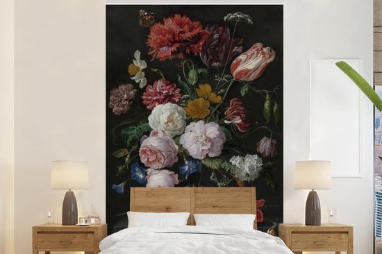 Behang - Fotobehang Stilleven met bloemen in een glazen vaas - Schilderij van Jan... |