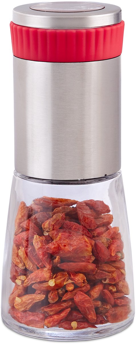 chilimolen - 16 cm - kruidenmaalwerk - handmatig - rvs - strooier - glazen - zilver-rood