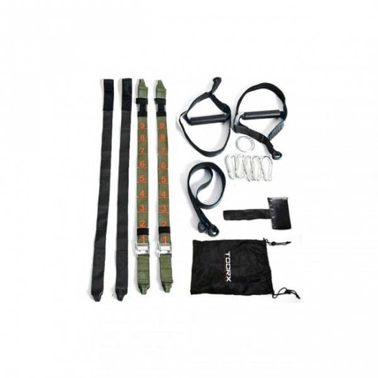 Toorx suspension trainer set met handvatten, karabiners, een deuranker en een draagtas.