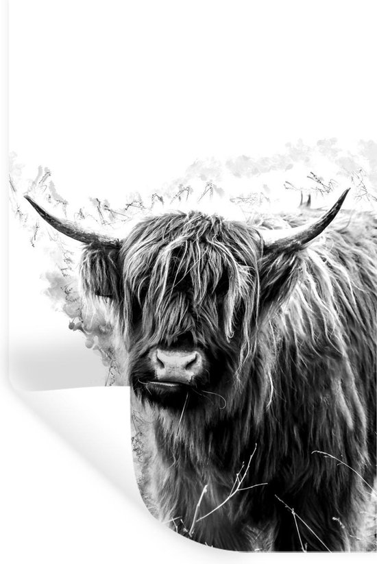 Muurstickers - Sticker Folie - Schotse hooglander op een bijzondere achtergrond - zwart wit - 20x30 cm - Plakfolie - Muurstickers Kinderkamer - Zelfklevend Behang - Zelfklevend behangpapier - Stickerfolie