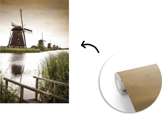 Behang - Fotobehang Molen - Brug - Nederland - Breedte 190 cm x hoogte 280 cm