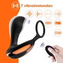 Zwarte prostaat vibrator met ring en afstandsbediening, toont 7 vibratiestanden.