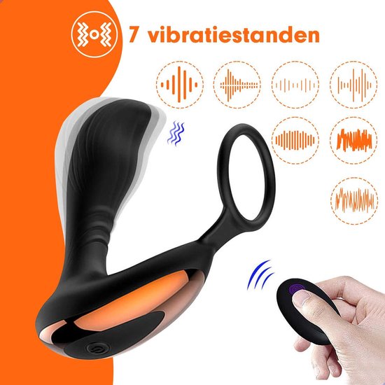 Zwarte prostaat vibrator met ring en afstandsbediening, toont 7 vibratiestanden.
