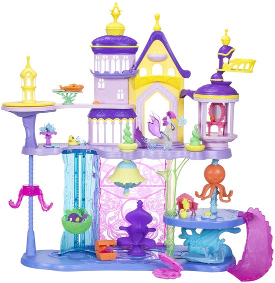 Paars, roze en geel My Little Pony speelkasteel met paarse, blauwe en roze details.