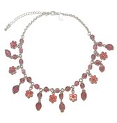 Ketting - Roze bloem hangertjes - 43 Centimeter - Zilverkleurig - Damesdingetjes