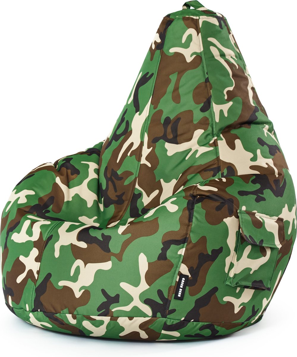 Green Bean © zitzak met rugleuning 80x70x90cm - gaming stoel met 230l vulling - knuffelachtig, zacht & wasbaar - Groene Camoflage