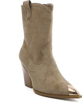 WELOVESHOES® Dames Cowboylaarzen, Enkellaarsjes met Hak  - Suedine - Taupe Khaki - Maat 37