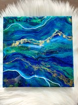 Bergkristal Origineel handgeschilderd geode epoxy schilderij - Oceaan 20 x 20 cm - Schilderijen op canvas -Muurdecoratie woonkamer - Geode Kunst