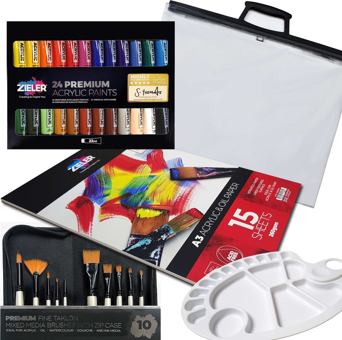 Zieler Acrylverf Set - 37 Delig - Inclusief 10 penselen, Palet, Transparante Case, Acrylverf Papier & 24 Tubes Acryl Verf