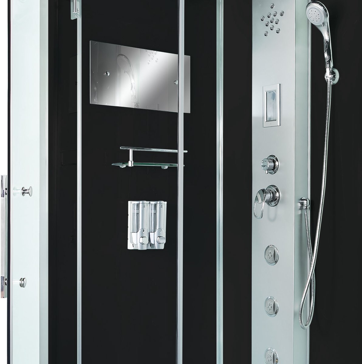Complete Gesloten Douchecabine 90X90X215 Bastia. MENGKRAAN. Luxe, Kit-Vrij, Zwart, Veiligheidsglas, LED, Radio, Speakers, Massage, Hoekmodel, Vierkant, Scharnierdeur, Douchebak, Afvoer, Sifon, Verschillende Modellen, Full Options. Royal Sanitair thumbnail 6