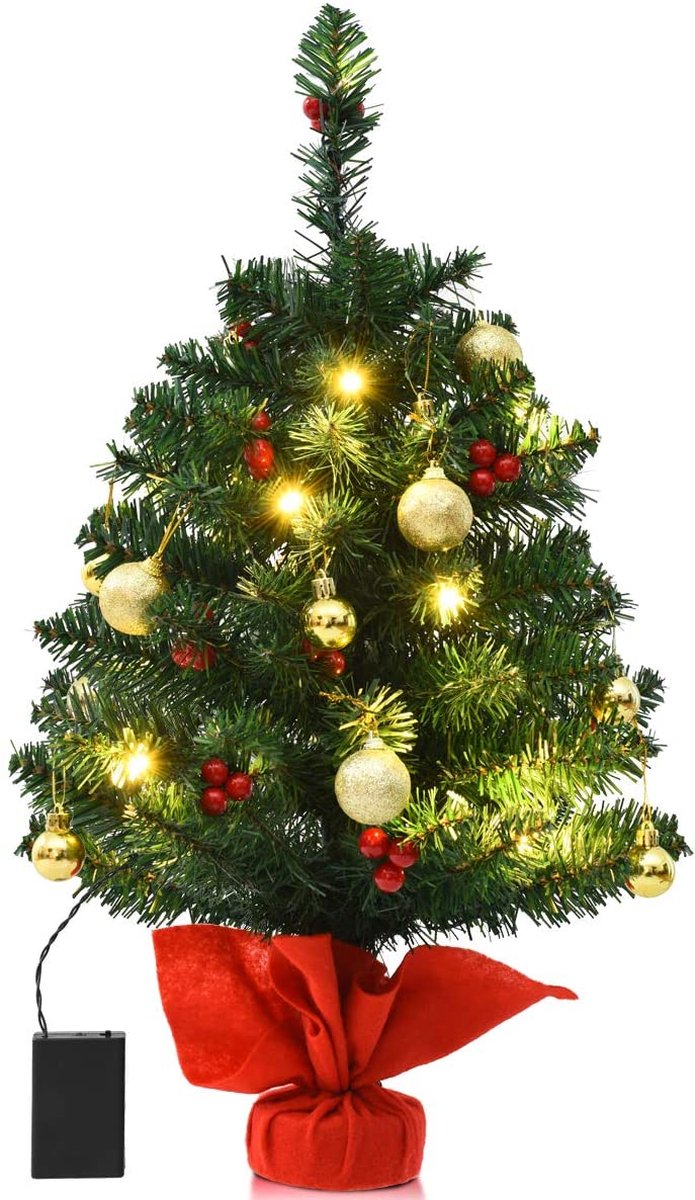 Kleine Kunstkerstboom - 15 Witte Led Lampen - Dennenboom Met Ballen - 73 Takken - Kerstmis - Groen - Kerst - 60 x 40 cm