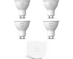 Philips Hue Uitbreidingspakket - GU10 - met 4 Spotjes - Warmwit Licht - Incl. 1 Hue Wall Switch - Hue White White