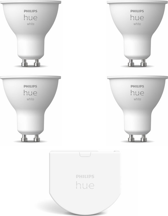 Philips Hue GU10 White Uitbreidingspakket - Hue Lampen en Wall Switch - White - 4 Lampen - Werkt met Alexa en Google Home