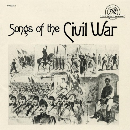 Albumhoes met de titel 'Songs of the Civil War' in sierlijk handschrift. Bevat meerdere zwart-wit gravures van scènes uit de Amerikaanse Burgeroorlog, waaronder soldaten te paard en te voet, en zangers.
