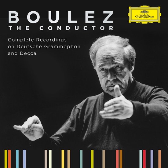 Pierre Boulez, dirigeant, in geconcentreerde pose. Titel: Boulez The Conductor. Compleet opnamen Deutsche Grammophon en Decca.