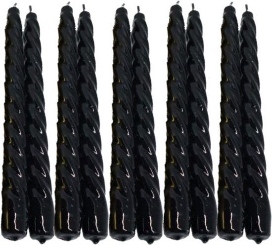 10 stuks zwart glanzend gelakte spiraal dinerkaarsen - twisted candles 230/22 (7 uur)