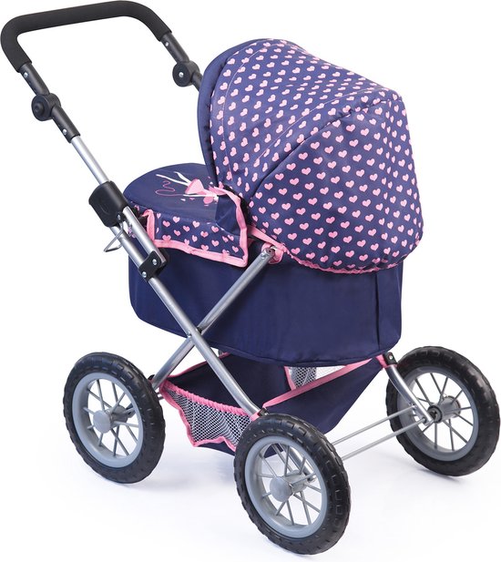 Donkerblauwe poppenwagen met verstelbare kap en roze hartjespatroon.