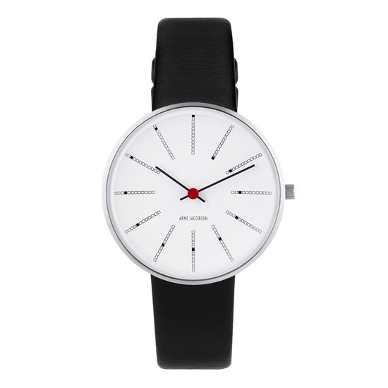 Wit horloge met zwarte band, rode secondewijzer en minimalistische zwarte uurmarkeringen.