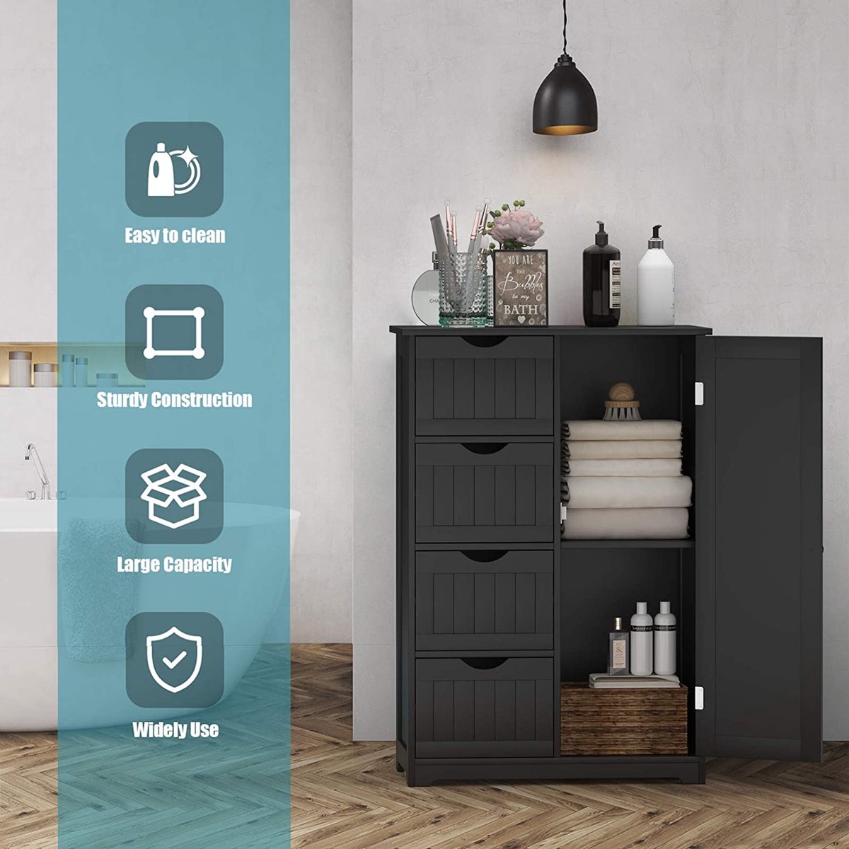 Yaheetech Onderkasten badkamerkast met 4 laden en deur opslag verstelbaar rek woonkamer/keuken/hal 56 * 30 * 82 cm wit