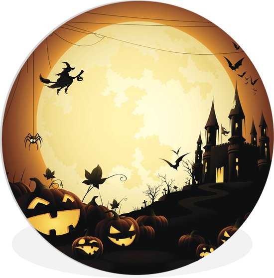 Wandcirkel Halloween illustratie -illustratie vankasteel met heksen en pompoenen tijdens Halloween - ⌀ - rond schilderij - fotoprint op kunststof (forex) muurcirkel / wooncirkel / (wanddecoratie)