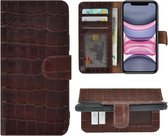 Hoesje iPhone 11 Pro Max - Bookcase - Portemonnee Hoes Echt leer Wallet case Croco Bruin