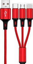 Dr. Wonder USB Oplaadkabel 3-in-1 met Apple Lightning / USB-C / Micro-USB – iPhone Oplaadkabel - Oplader - Compatibel met Apple, Samsung, Huawei, XiaoMi enz - 3A- 1.2M - Rood