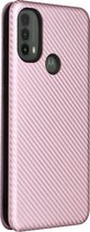 Motorola Moto E20 / E30 / E40 roze carbon fiber agenda wallet hoesje