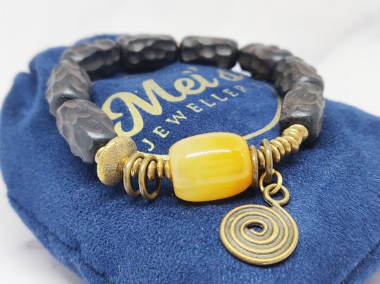 Mei's Tibetan Ebony Copper - Bracelet tibétain femme - Pierre gemme / Jade jaune / Bois / Ebène - 17 cm / jaune / noir / cuivre