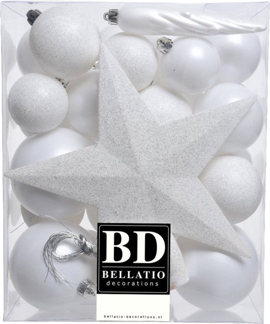 Décorations de Noël de Noël boules de Noël en plastique et pendentifs étoiles blanc hiver 5-6-8 cm paquet 39x pièces - Avec pic en forme d'étoile 19 cm
