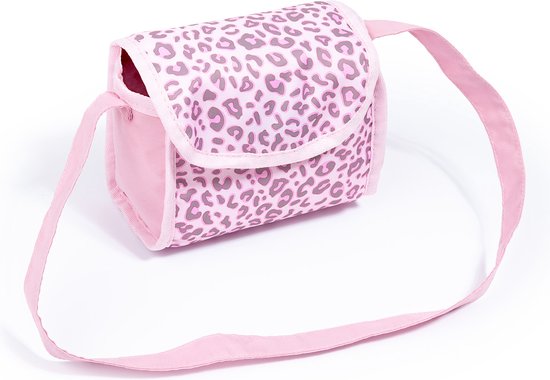 Roze poppenwagen tas met luipaardprint en lange schouderband.