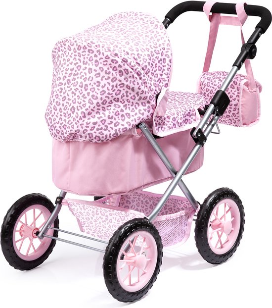 Roze poppenwagen met luipaardprint, inclusief kap en boodschappenmand.