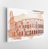 Romeins Colosseum. Schets die inktpentekening imiteert met een grungeachtergrond op een afzonderlijke laag. Reizen boek illustratie. EPS10 vectorillustratie - Modern Art Canvas - H