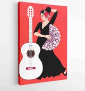 Spaans meisje gekleed in lange zwarte jurk, met roze bloem in haar haar en met waaier in haar hand en witte gitaar op rode brackground - Moderne schilderijen - Verticaal - 13118199
