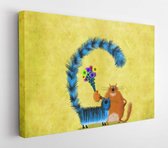 Een heel grappige wenskaart: twee vriendelijke lachende katten met kleurrijke bloemen die op de gele achtergrond met kleurovergang staan ​​- Modern Art Canvas - Horizontaal - 11006