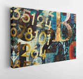 Kunst abstracte grunge collage met nummer, geometrische en typo elementen, kleurrijke achtergrond met rode, gele, blauwe, oude gouden en zwarte kleuren - Modern Art Canvas - Horizo